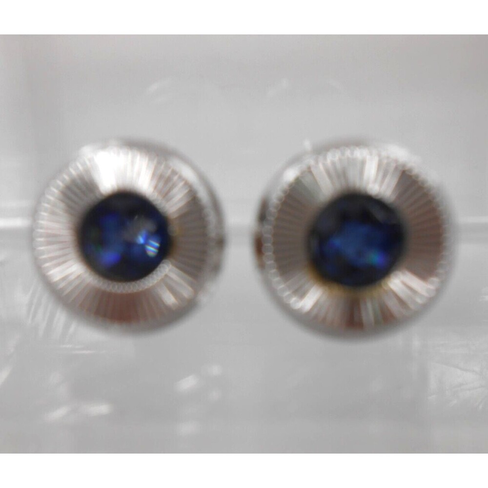 Vintage Cuff Links Silver Tone Round with Blue Stone